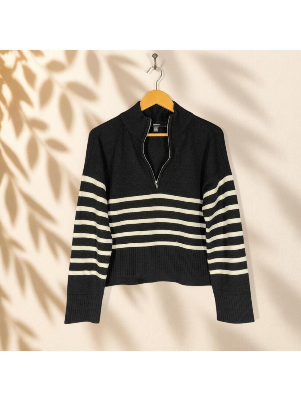 DKNY Sweater Pullover Women M Medium Black Striped Zipper Knit Long Sleeve Rayon